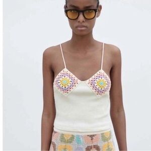 NWOT Zara Crochet Cropped Spaghetti Strap Tank Top Boho Rainbow Rib Knit XS-S